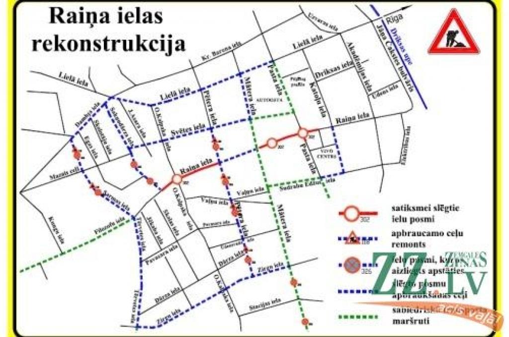 No šodienas braukšanai slēdz divus Raiņa ielas posmus