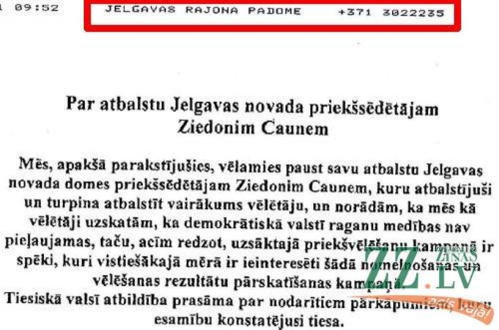 Vēstule ar parakstiem Caunes atbalstam nosūtīta no Jelgavas novada Domes