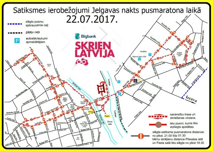 Jelgavas nakts pusmaratona laikā satiksmei būs slēgtas ielas centrā un Pārlielupē