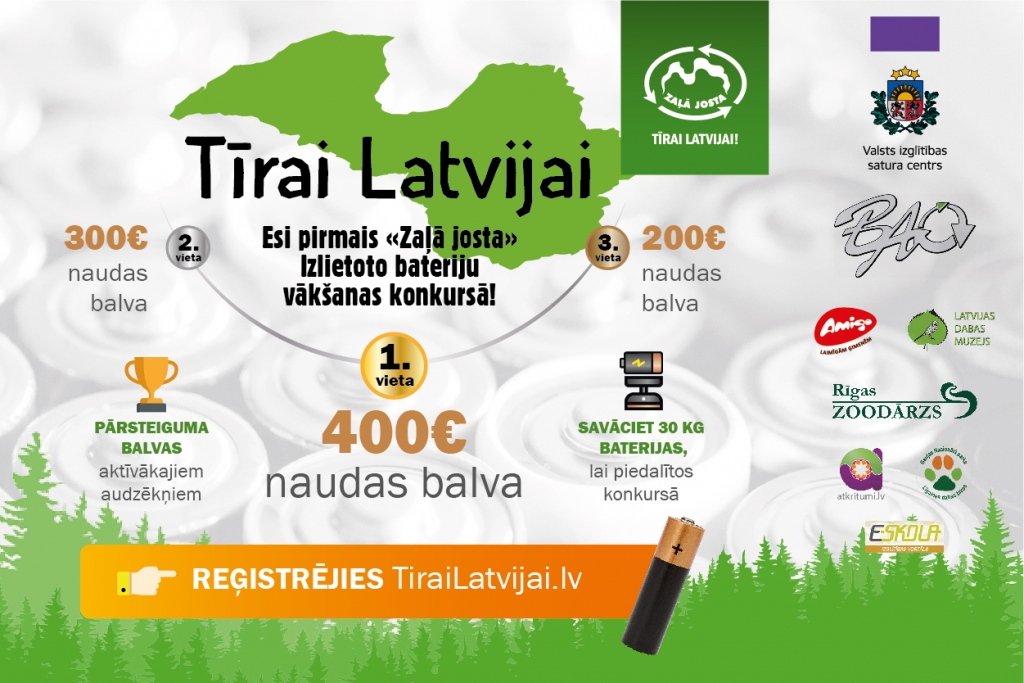 Izlietoto bateriju vākšanas kampaņā “Tīrai Latvijai!” iesaistās 210 izglītības iestādes no visas Latvijas