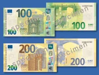 Apgrozībā laistas jaunās Eiropas sērijas 100 un 200 eiro banknotes