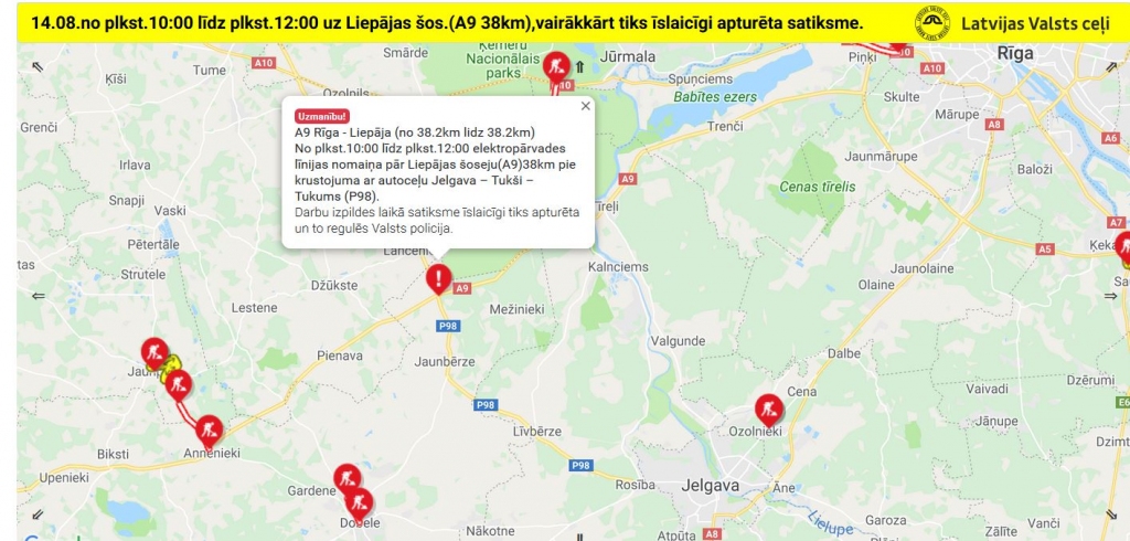 Uz Liepājas šosejas pie krustojuma ar Jelgavas–Tukuma ceļu trešdien īslaicīgi apturēs satiksmi